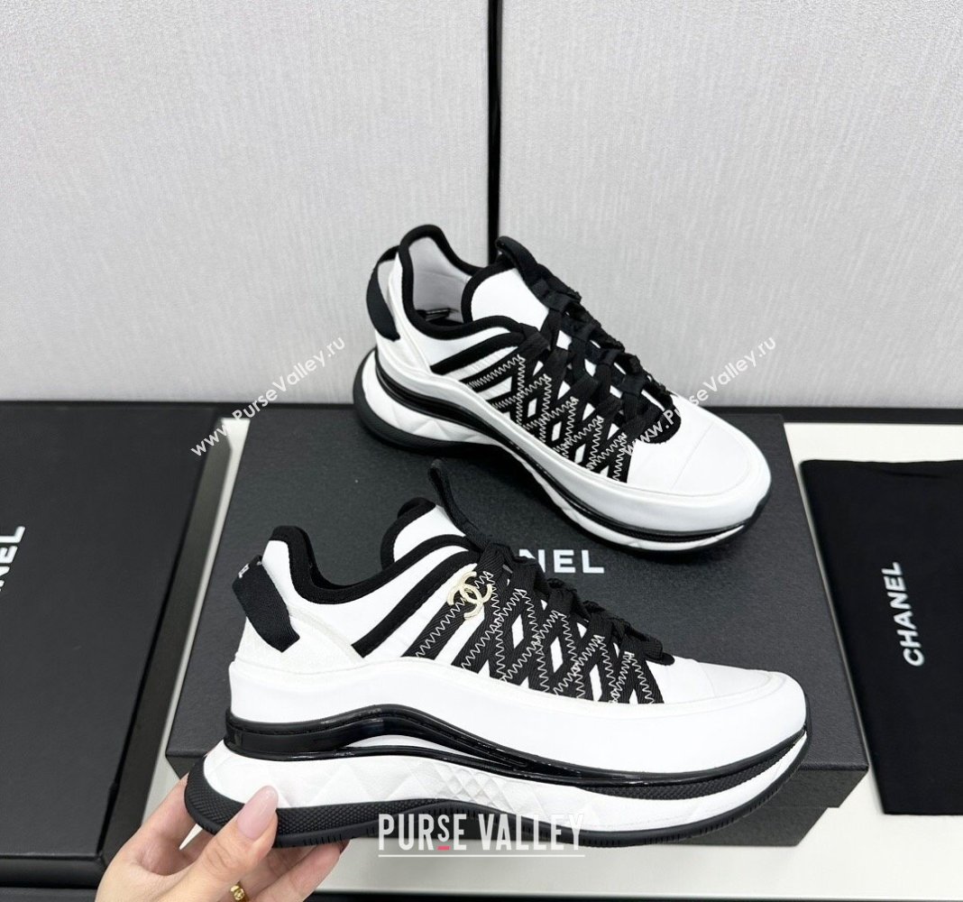 Chanel Silky Calfskin Fabric Laced Sneakers White/Black 2024 CH091021 (MD-240910112)