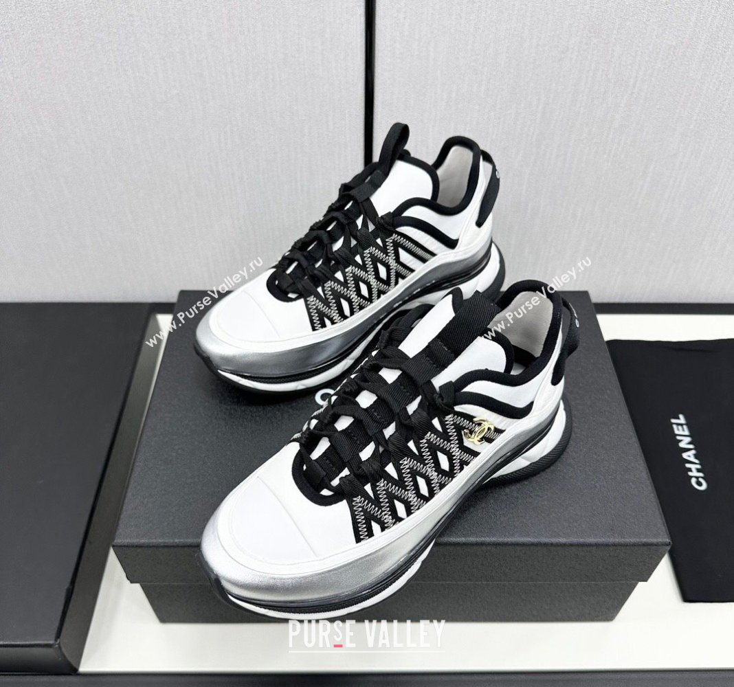 Chanel Silky Calfskin Fabric Laced Sneakers Silver/White 2024 CH091021 (MD-240910116)