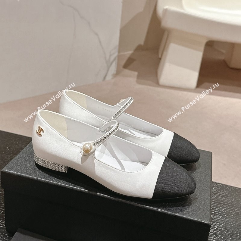 Chanel Silk Satin Grosgrain Mary Janes Flat with Strass White 2024 G45877 (MD-240910143)