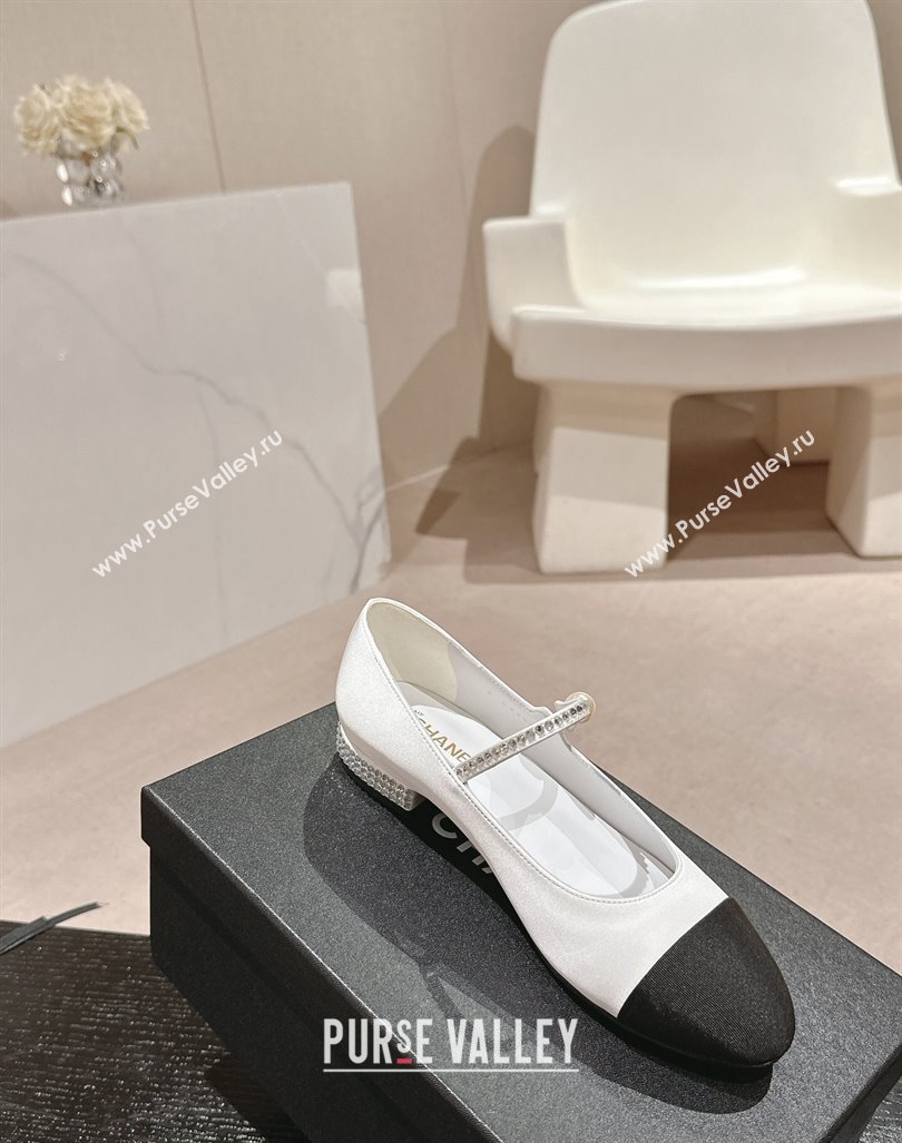 Chanel Silk Satin Grosgrain Mary Janes Flat with Strass White 2024 G45877 (MD-240910143)