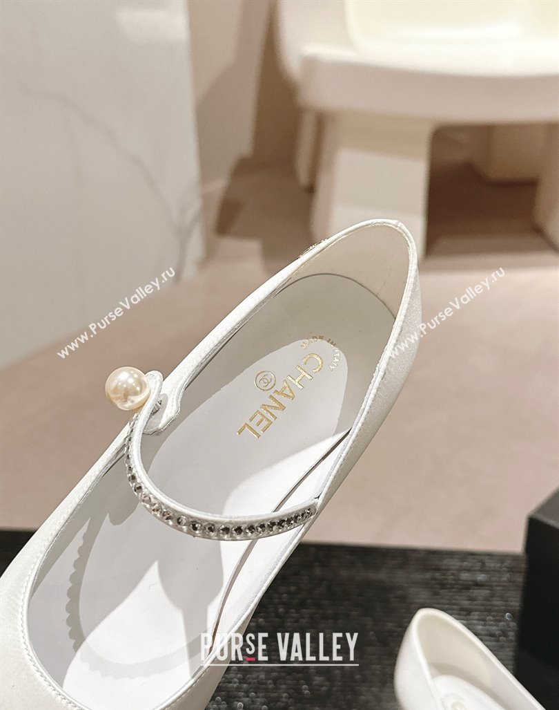 Chanel Silk Satin Grosgrain Mary Janes Flat with Strass White 2024 G45877 (MD-240910143)