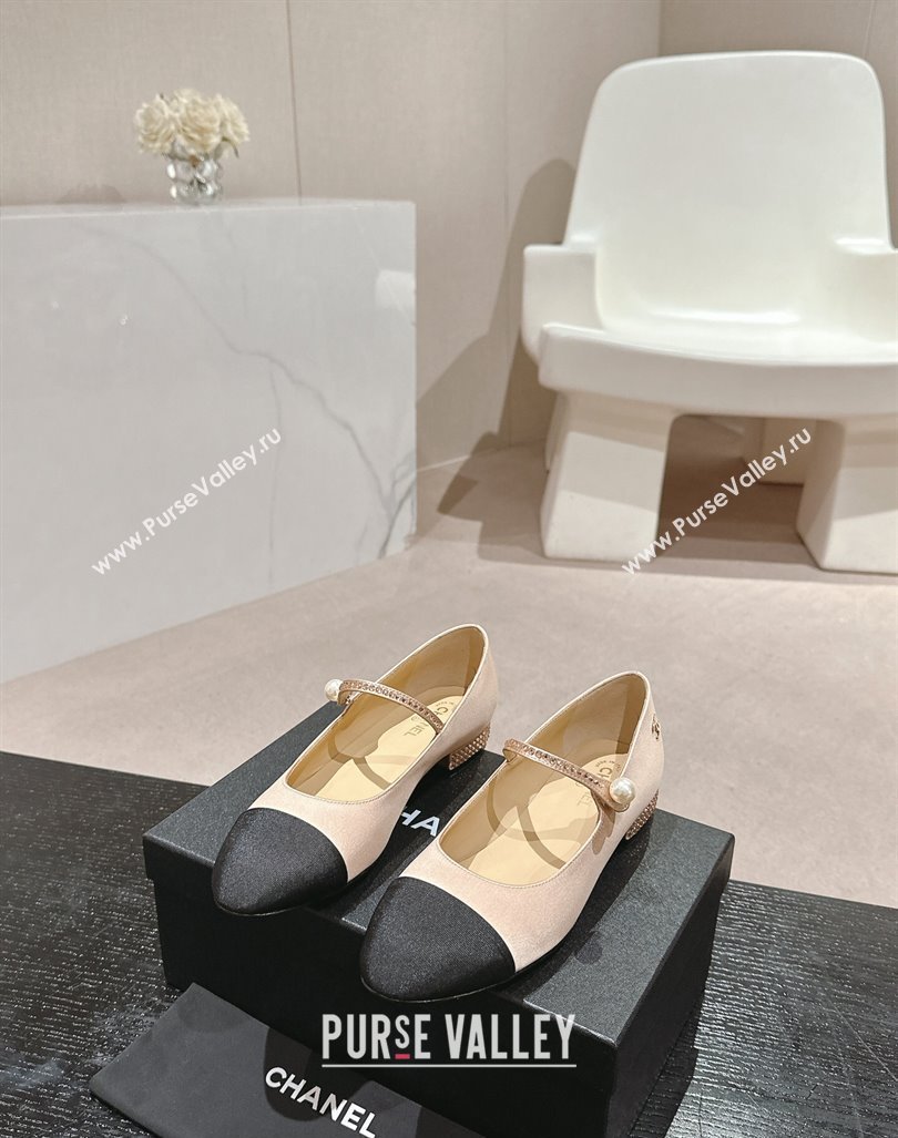 Chanel Silk Satin Grosgrain Mary Janes Flat with Strass Beige 2024 G45877 (MD-240910144)