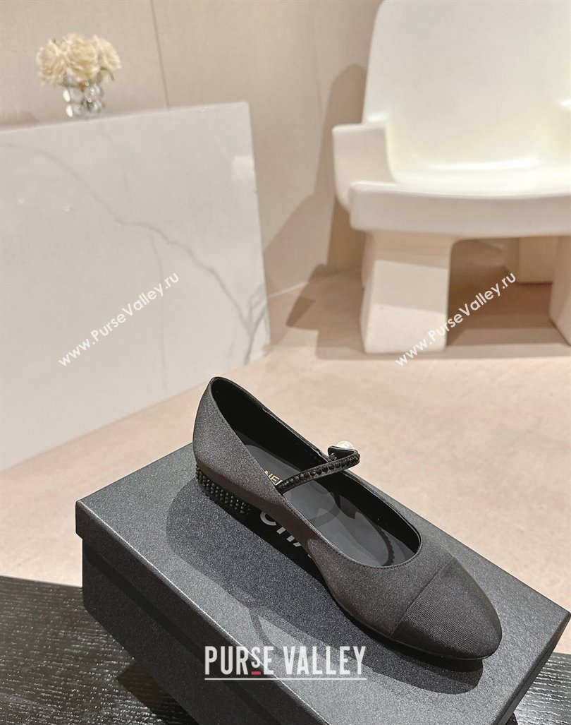 Chanel Silk Satin Grosgrain Mary Janes Flat with Strass Black 2024 G45877 (MD-240910145)