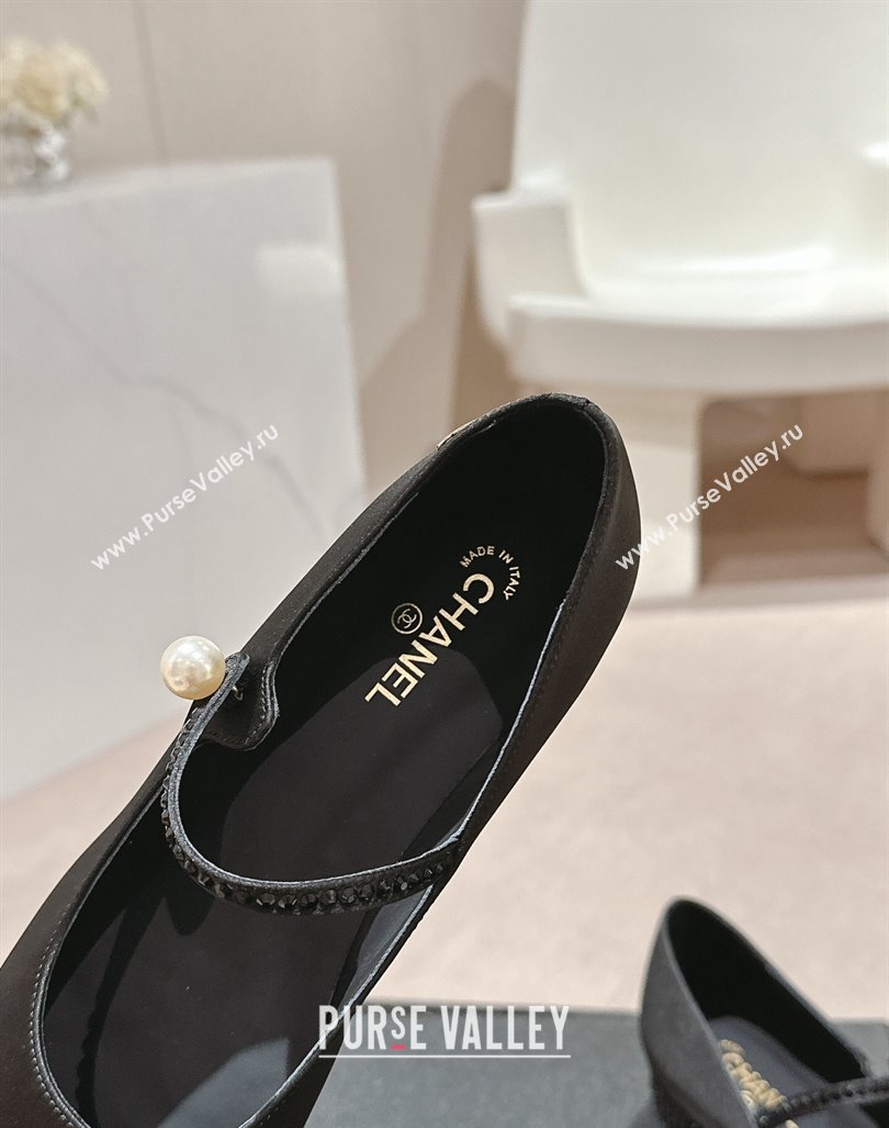 Chanel Silk Satin Grosgrain Mary Janes Flat with Strass Black 2024 G45877 (MD-240910145)