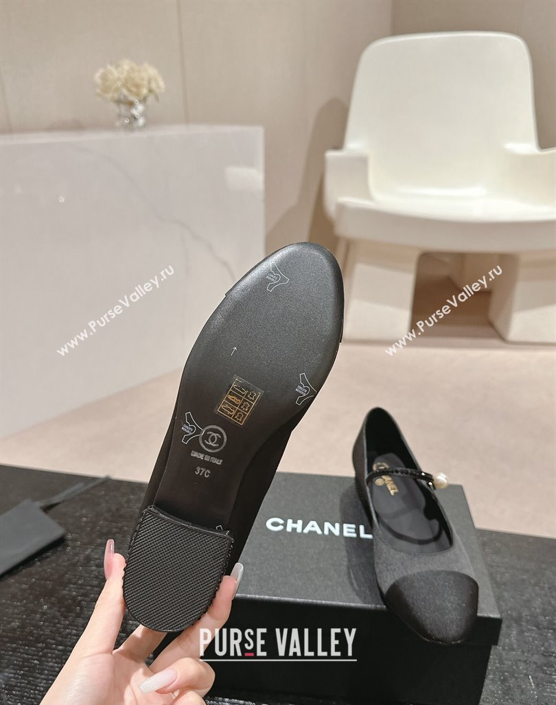 Chanel Silk Satin Grosgrain Mary Janes Flat with Strass Black 2024 G45877 (MD-240910145)