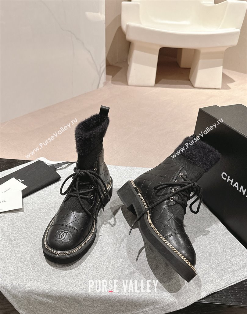 Chanel Quilted Calfskin Knit Lace-up Ankle Boots with Logo Stud Black Upper 2024 CH090904 (MD-240909049)