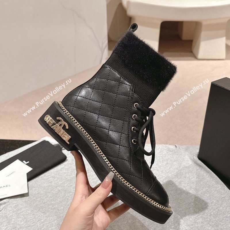 Chanel Quilted Calfskin Knit Lace-up Ankle Boots with Logo Stud Black Upper 2024 CH090904 (MD-240909049)