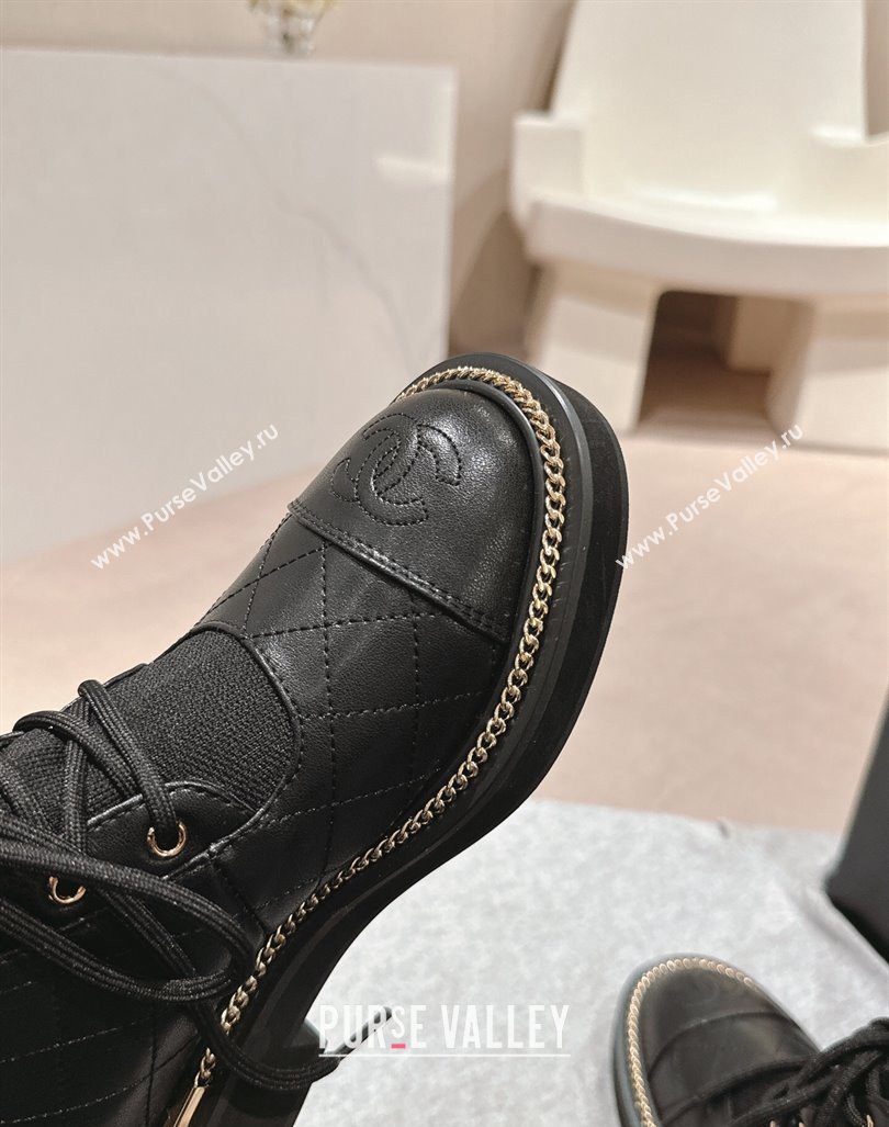 Chanel Quilted Calfskin Knit Lace-up Ankle Boots with Logo Stud Black Upper 2024 CH090904 (MD-240909049)