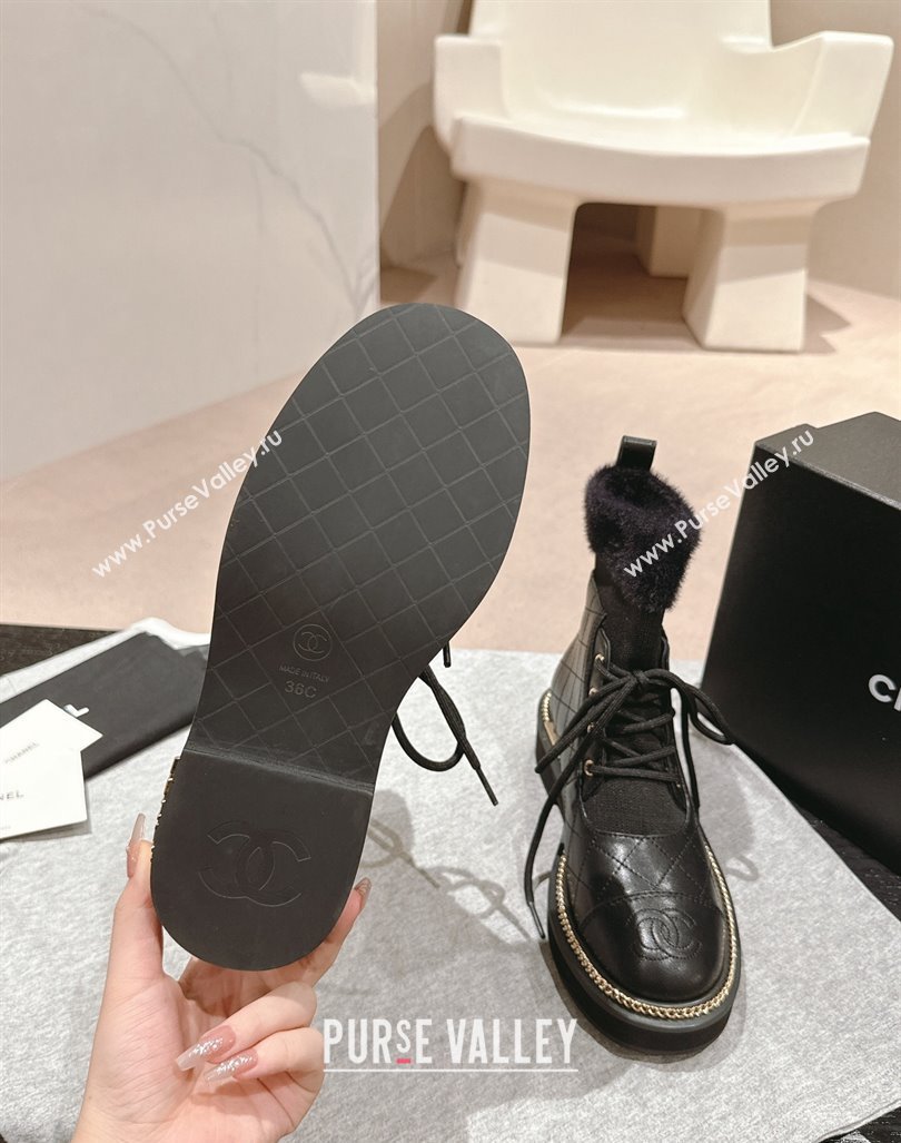 Chanel Quilted Calfskin Knit Lace-up Ankle Boots with Logo Stud Black Upper 2024 CH090904 (MD-240909049)