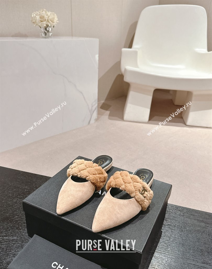 Chanel Suede Fur Flat Pointed Mules Beige 2024 CH091005 (MD-240910015)