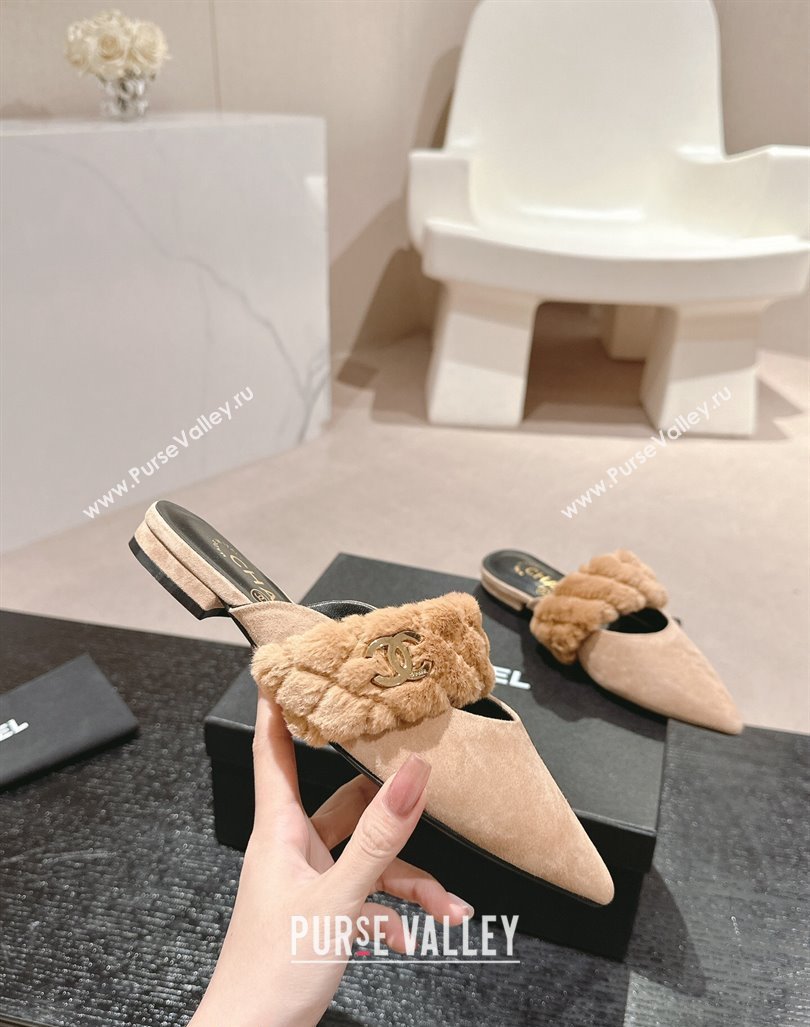 Chanel Suede Fur Flat Pointed Mules Beige 2024 CH091005 (MD-240910015)