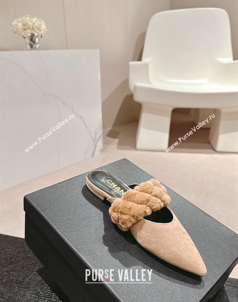 Chanel Suede Fur Flat Pointed Mules Beige 2024 CH091005 (MD-240910015)