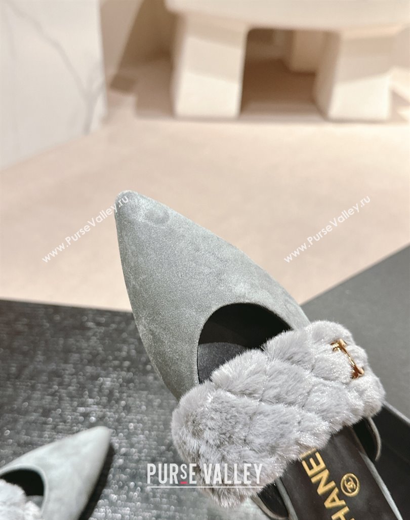 Chanel Suede Fur Flat Pointed Mules Grey 2024 CH091005 (MD-240910016)