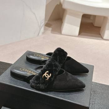 Chanel Suede Fur Flat Pointed Mules Black 2024 CH091005 (MD-240910017)