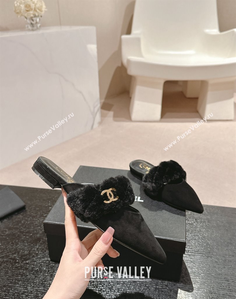 Chanel Suede Fur Flat Pointed Mules Black 2024 CH091005 (MD-240910017)