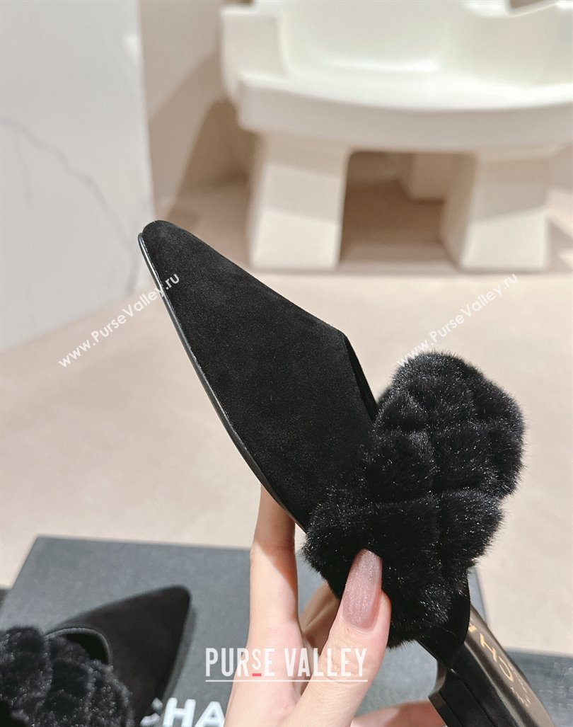 Chanel Suede Fur Flat Pointed Mules Black 2024 CH091005 (MD-240910017)