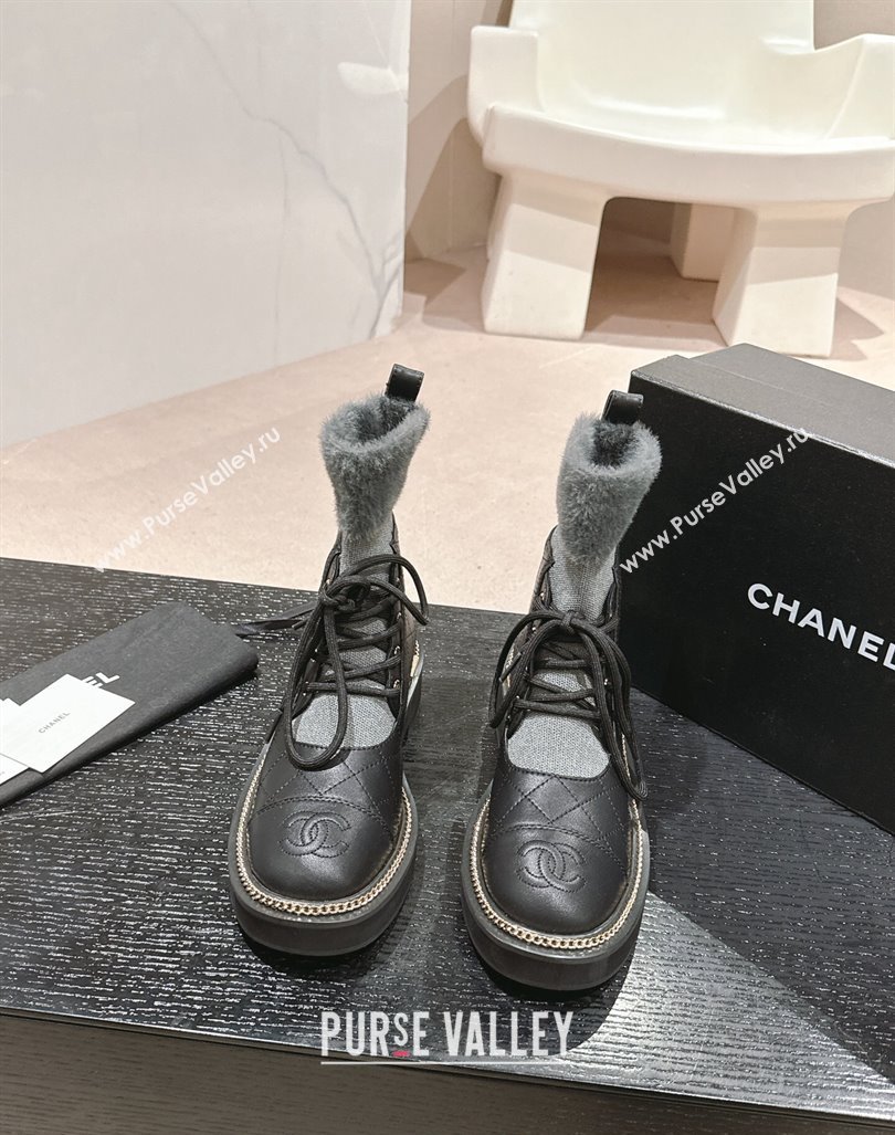 Chanel Quilted Calfskin Knit Lace-up Ankle Boots with Logo Stud Black/Grey 2024 CH090904 (MD-240909051)