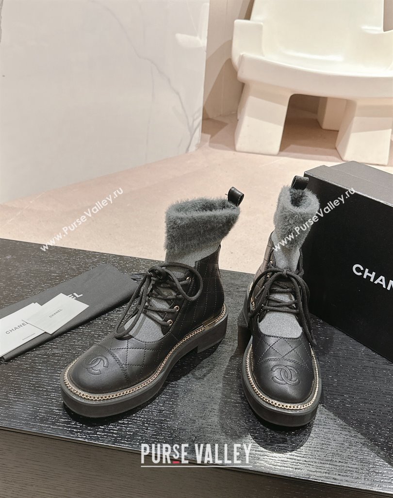 Chanel Quilted Calfskin Knit Lace-up Ankle Boots with Logo Stud Black/Grey 2024 CH090904 (MD-240909051)