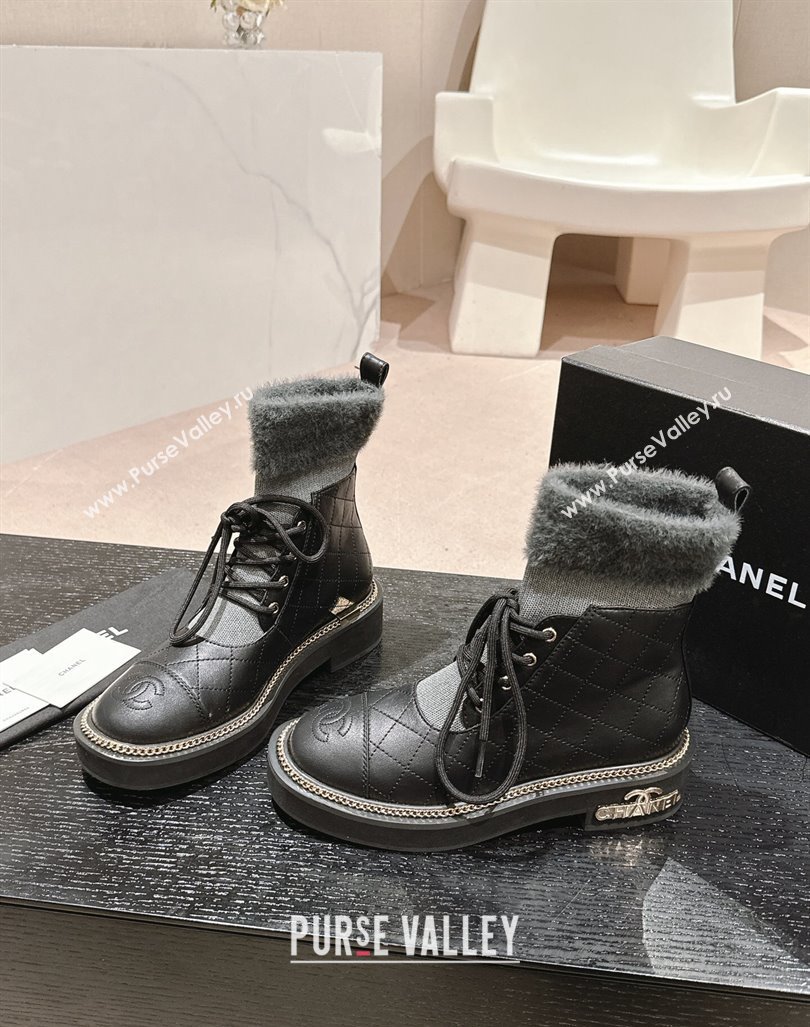 Chanel Quilted Calfskin Knit Lace-up Ankle Boots with Logo Stud Black/Grey 2024 CH090904 (MD-240909051)