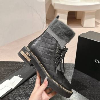 Chanel Quilted Calfskin Knit Lace-up Ankle Boots with Logo Stud Black/Grey 2024 CH090904 (MD-240909051)