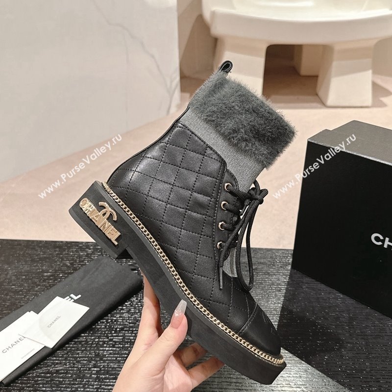 Chanel Quilted Calfskin Knit Lace-up Ankle Boots with Logo Stud Black/Grey 2024 CH090904 (MD-240909051)