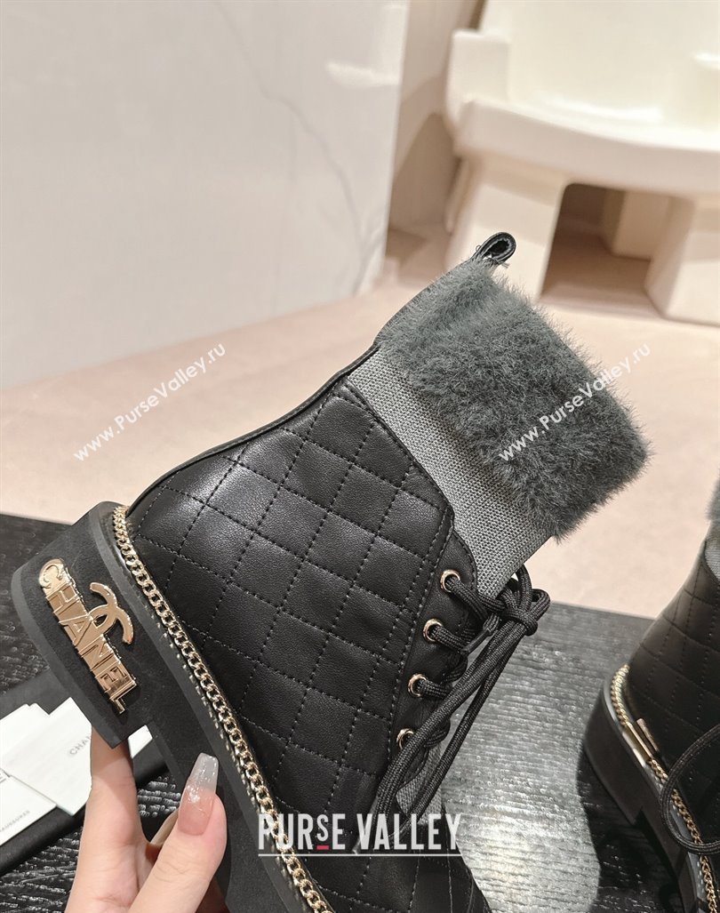 Chanel Quilted Calfskin Knit Lace-up Ankle Boots with Logo Stud Black/Grey 2024 CH090904 (MD-240909051)