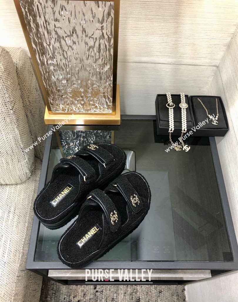 Chanel Fur Flat Strap Slides Sandal with Chain CC Black 2024 CH091009 (MD-240910032)