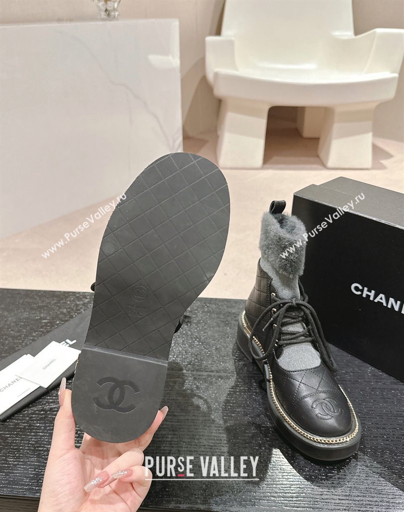 Chanel Quilted Calfskin Knit Lace-up Ankle Boots with Logo Stud Black/Grey 2024 CH090904 (MD-240909051)