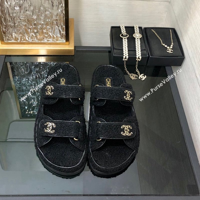 Chanel Fur Flat Strap Slides Sandal with Chain CC Black 2024 CH091009 (MD-240910032)