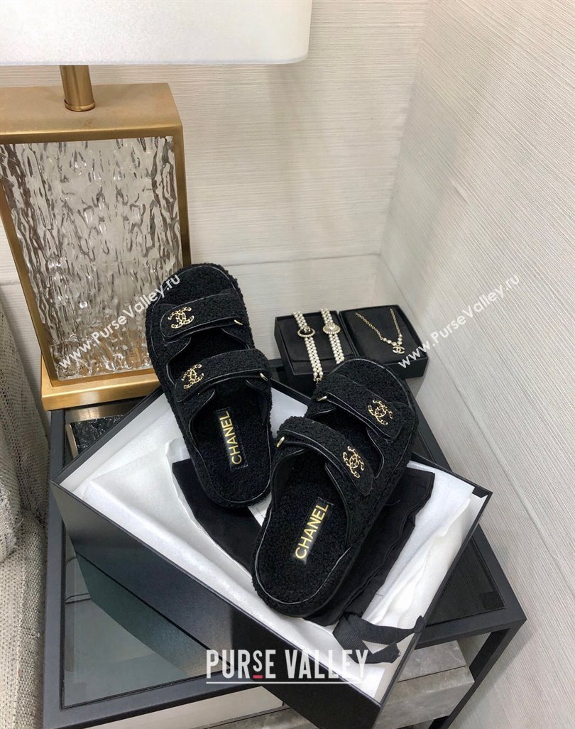 Chanel Fur Flat Strap Slides Sandal with Chain CC Black 2024 CH091009 (MD-240910032)