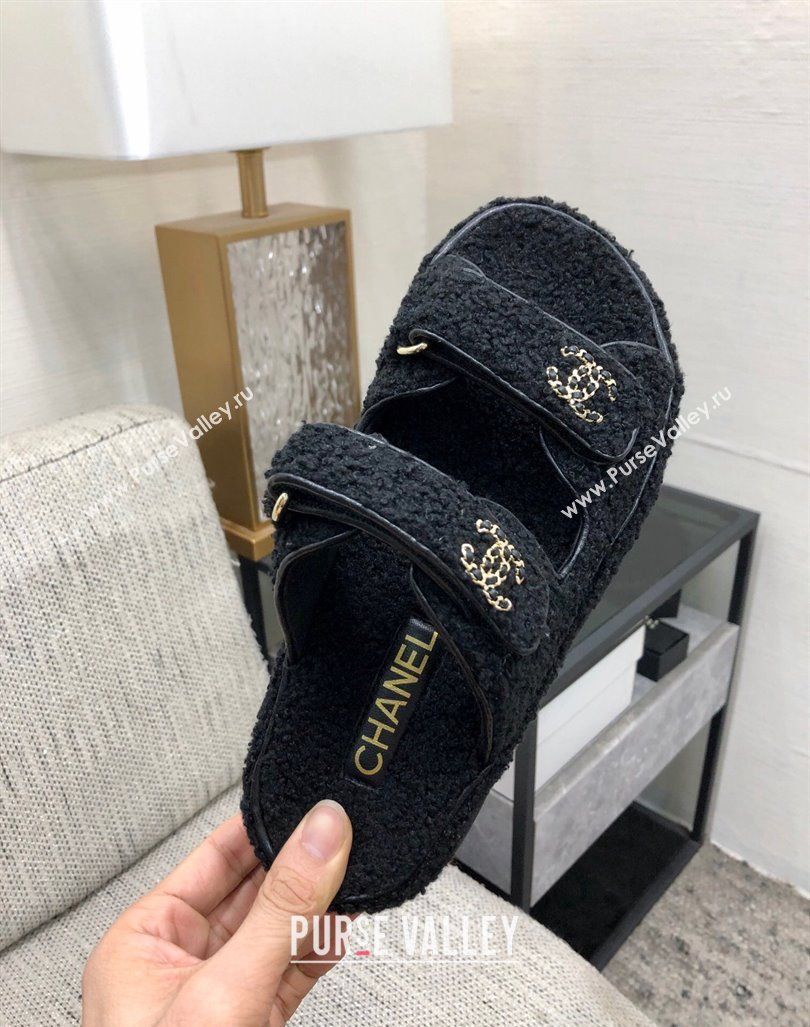 Chanel Fur Flat Strap Slides Sandal with Chain CC Black 2024 CH091009 (MD-240910032)