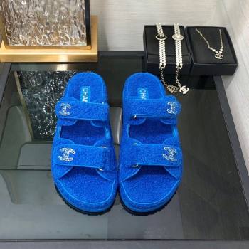 Chanel Fur Flat Strap Slides Sandal with Chain CC Sky Blue 2024 CH091009 (MD-240910033)