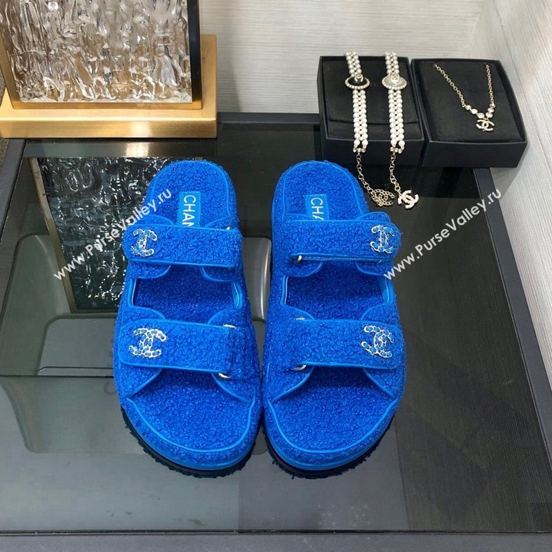 Chanel Fur Flat Strap Slides Sandal with Chain CC Sky Blue 2024 CH091009 (MD-240910033)