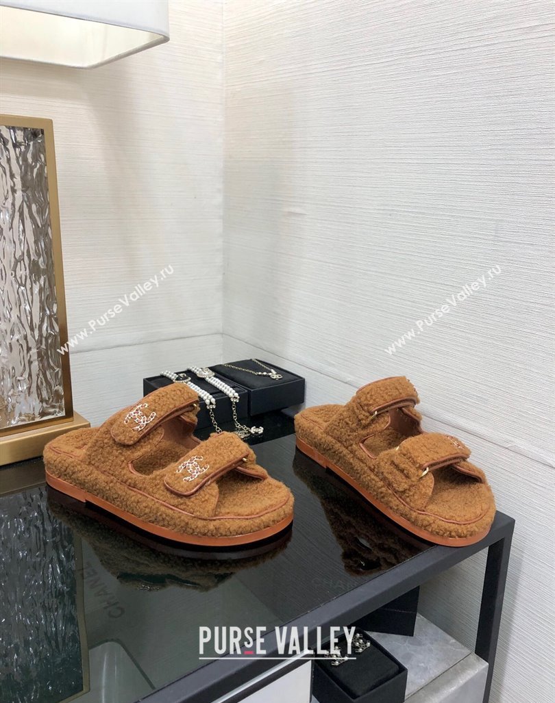 Chanel Fur Flat Strap Slides Sandal with Chain CC Brown 2024 CH091009 (MD-240910034)