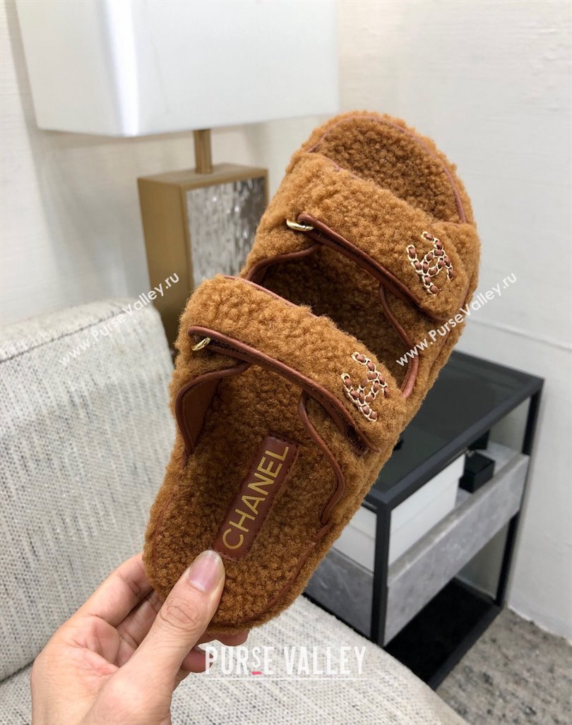 Chanel Fur Flat Strap Slides Sandal with Chain CC Brown 2024 CH091009 (MD-240910034)