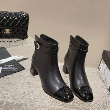 Chanel Calfskin Patent Heel Ankle Boots with Pearls Buckle Black 2024 CH090801 (MD-240909035)