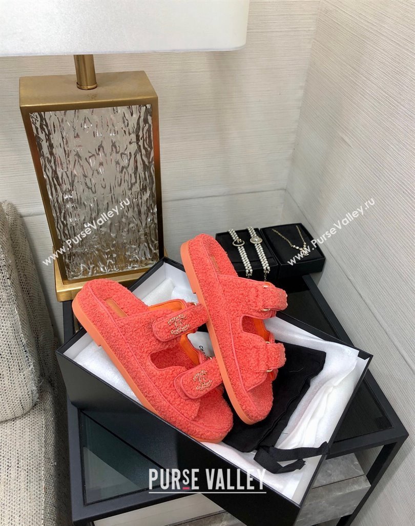 Chanel Fur Flat Strap Slides Sandal with Chain CC Orange 2024 CH091009 (MD-240910039)