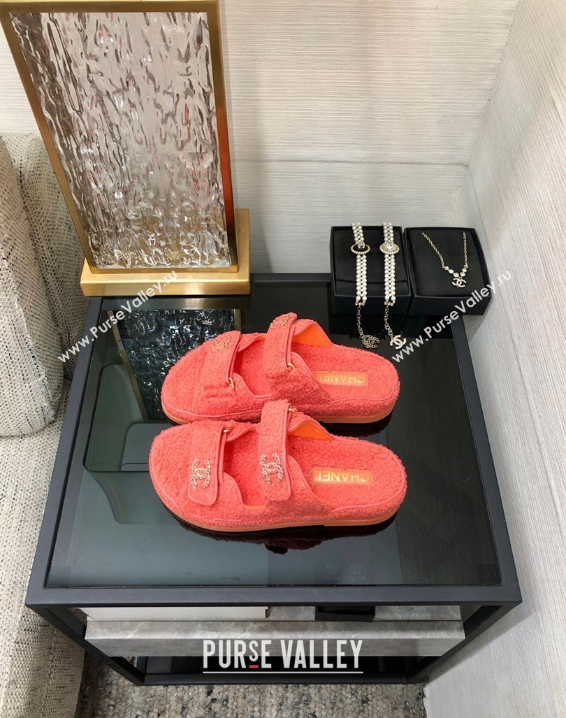 Chanel Fur Flat Strap Slides Sandal with Chain CC Orange 2024 CH091009 (MD-240910039)