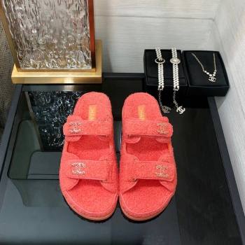 Chanel Fur Flat Strap Slides Sandal with Chain CC Orange 2024 CH091009 (MD-240910039)