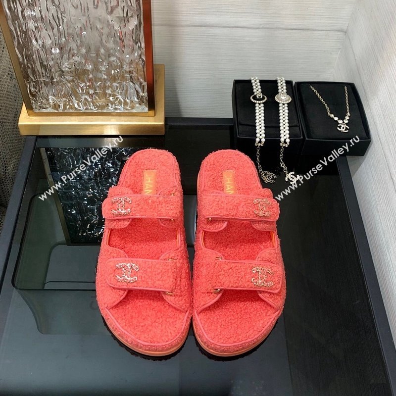 Chanel Fur Flat Strap Slides Sandal with Chain CC Orange 2024 CH091009 (MD-240910039)