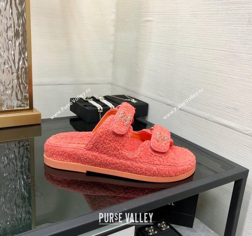 Chanel Fur Flat Strap Slides Sandal with Chain CC Orange 2024 CH091009 (MD-240910039)