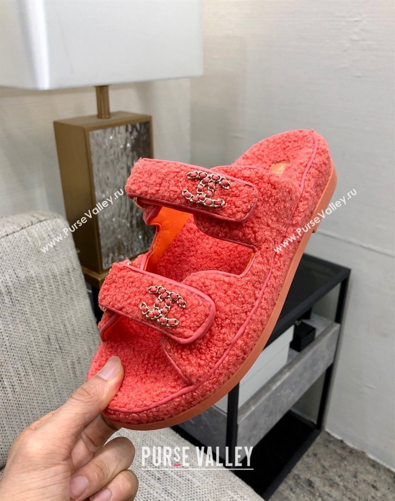 Chanel Fur Flat Strap Slides Sandal with Chain CC Orange 2024 CH091009 (MD-240910039)