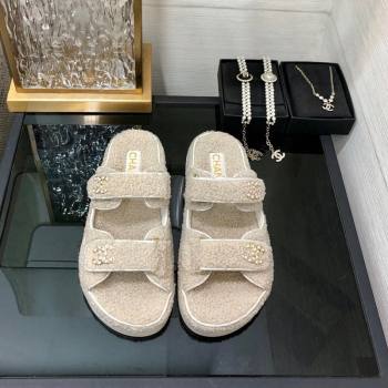 Chanel Fur Flat Strap Slides Sandal with Chain CC light Beige 2024 CH091009 (MD-240910040)