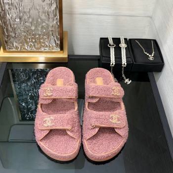 Chanel Fur Flat Strap Slides Sandal with Chain CC Pink2 2024 CH091009 (MD-240910041)