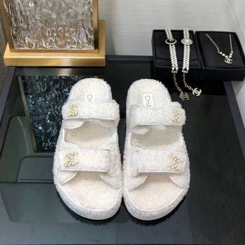 Chanel Fur Flat Strap Slides Sandal with Chain CC White 2024 CH091009 (MD-240910042)