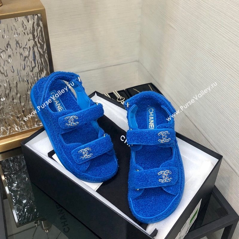 Chanel Fur Flat Strap Sandals with Chain CC Sky Blue 2024 CH091009 (MD-240910043)