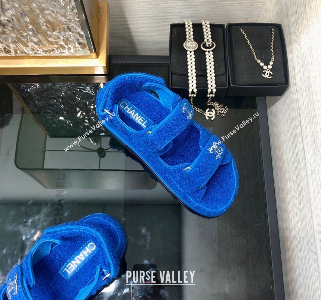 Chanel Fur Flat Strap Sandals with Chain CC Sky Blue 2024 CH091009 (MD-240910043)