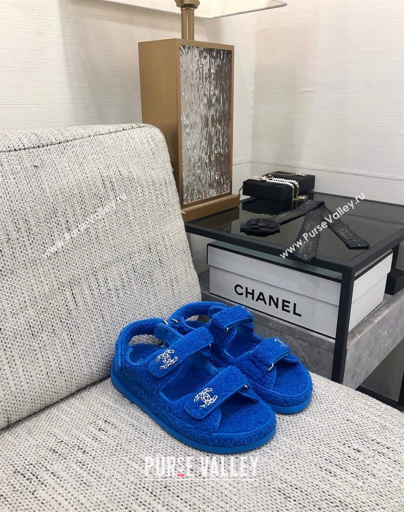 Chanel Fur Flat Strap Sandals with Chain CC Sky Blue 2024 CH091009 (MD-240910043)