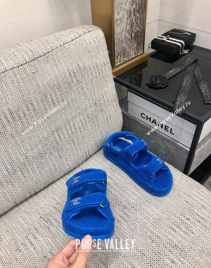 Chanel Fur Flat Strap Sandals with Chain CC Sky Blue 2024 CH091009 (MD-240910043)