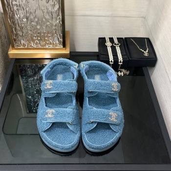 Chanel Fur Flat Strap Sandals with Chain CC Light Blue 2024 CH091009 (MD-240910044)